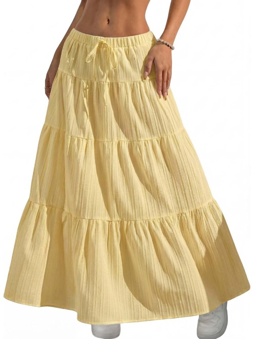 Women's Boho Flowy Yellow Maxi Skirt Flared Ruffle A Line Spring Long Skirts